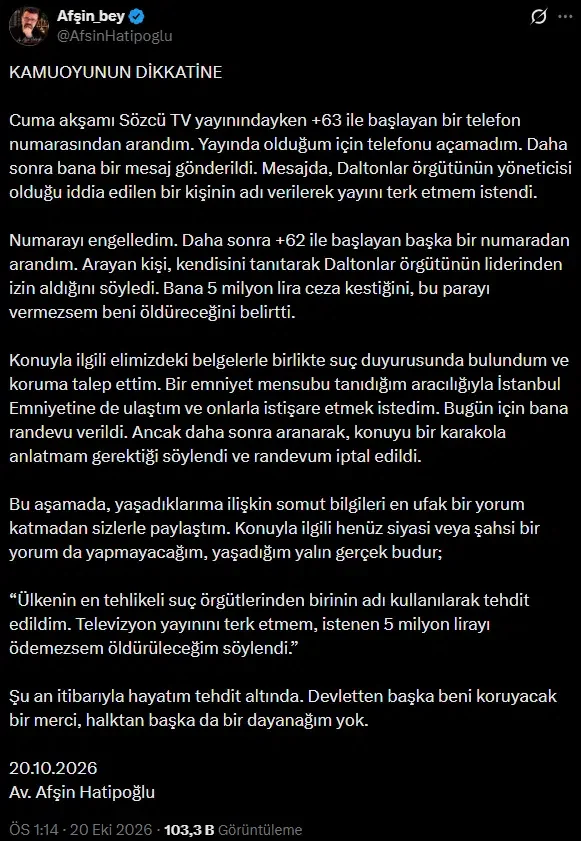 Afşin Hatipoğlu canlı yayında ölümle tehdit edildiğini açıkladı