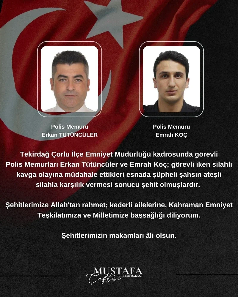 Bakan Çiftçi duyurdu: Tekirdağ'da çıkan çatışmada iki polis şehit oldu