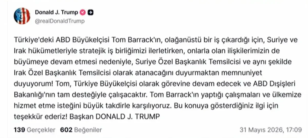 Trump'tan Tom Barrack kararı: Türkiye görevine devam edecek